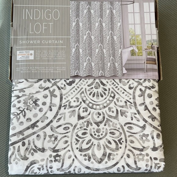 New Indigo Loft Paisley Medallion Flower Shower Curtain White Gray Cotton Blend - Picture 1 of 8